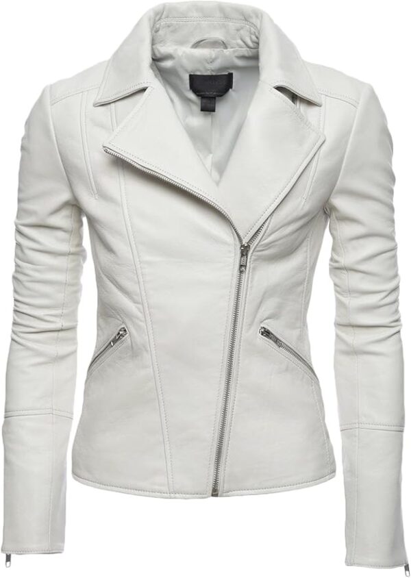 Womens Leather Jacket White Zipper Biker Jacket