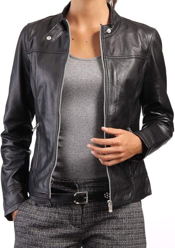 Women's Lambskin Motorcycle Bomber Black Leather Jacket