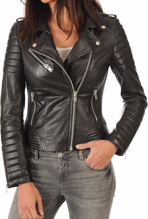 Womens Black Motorcycle Leather Jacket - Image 2