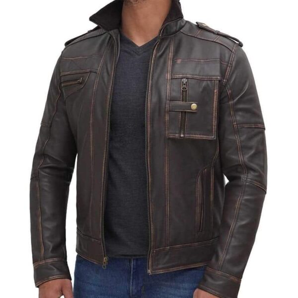 Brown Distress Motorcycle Leather Jacket For Men