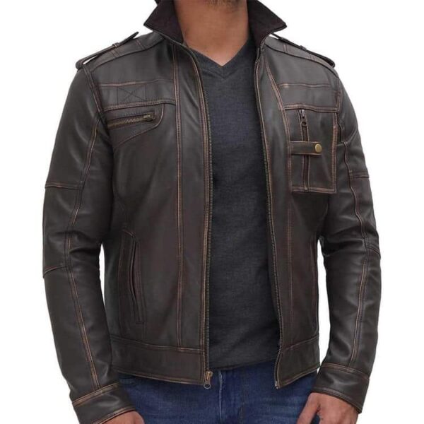 Brown Distress Motorcycle Leather Jacket For Men - Image 2