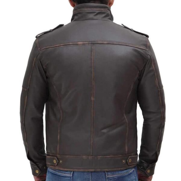 Brown Distress Motorcycle Leather Jacket For Men - Image 3