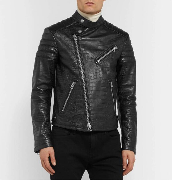 Crocodile Black biker Leather Jacket For Men