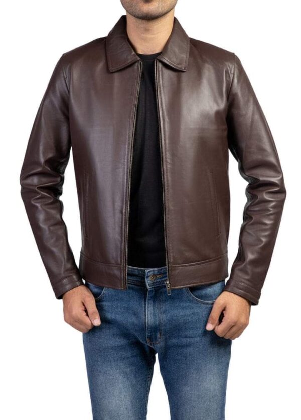 Mens Black&Brown Bomber Leather Jacket - Image 5