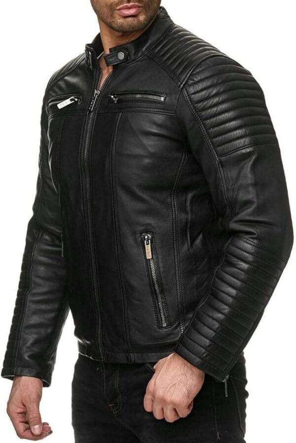 Men’s Quilted Black Leather Jacket - Image 3