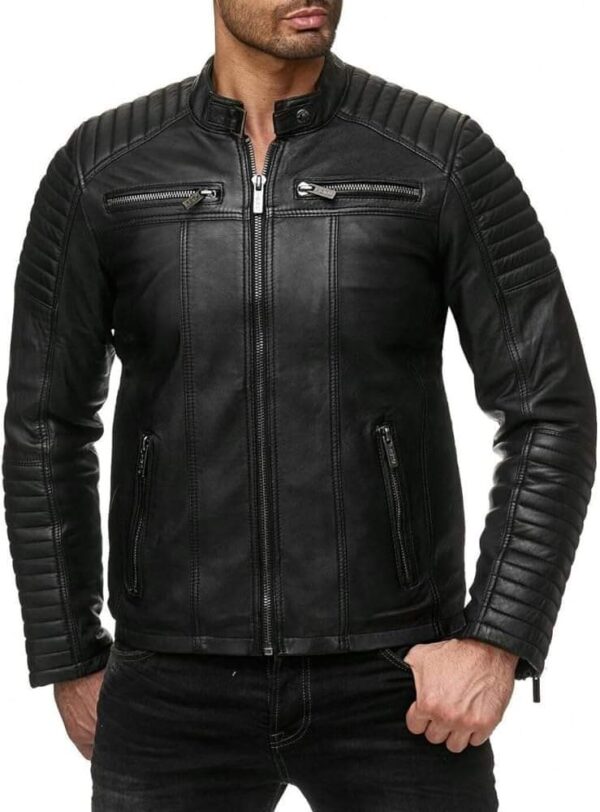 Men’s Quilted Black Leather Jacket - Image 2