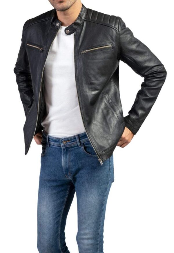 Mens Black Biker Leather Jacket Real Lamb-Skin Leather - Image 2