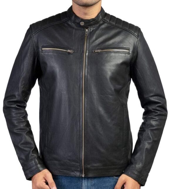 Mens Black Biker Leather Jacket Real Lamb-Skin Leather