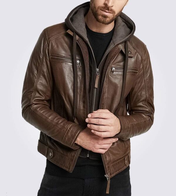 Men’s Stand Collar Leather Zipper Motorcycle Bomber Jacket With a Removable Hood - Image 5