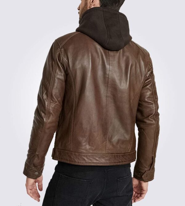 Men’s Stand Collar Leather Zipper Motorcycle Bomber Jacket With a Removable Hood - Image 6