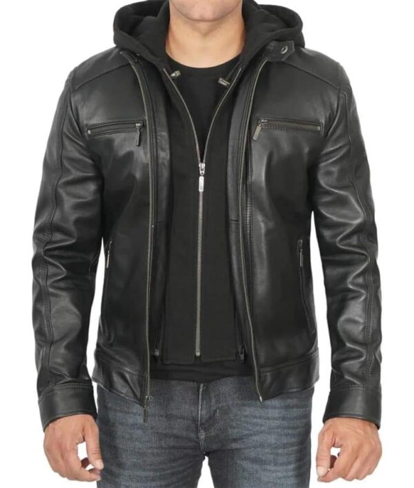 Men’s Stand Collar Leather Zipper Motorcycle Bomber Jacket With a Removable Hood