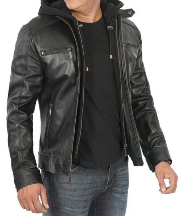 Men’s Stand Collar Leather Zipper Motorcycle Bomber Jacket With a Removable Hood - Image 2