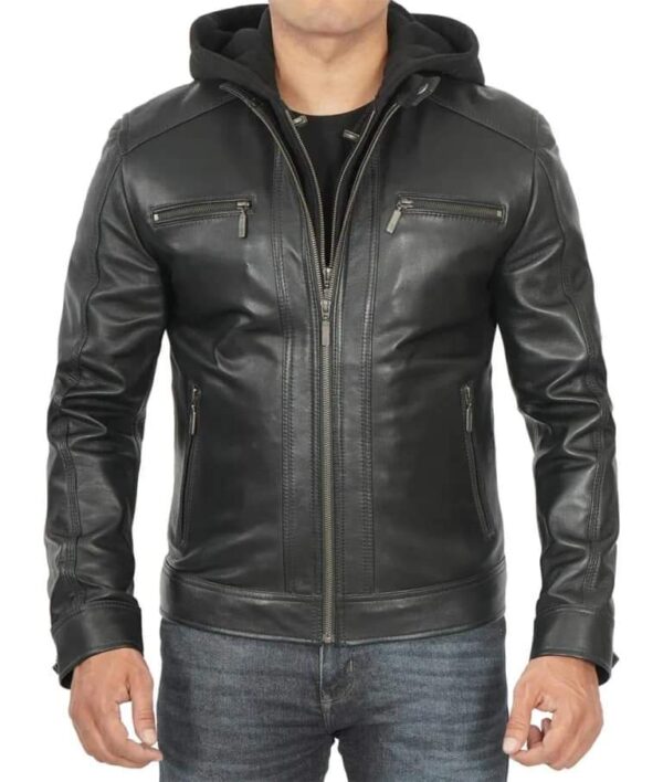 Men’s Stand Collar Leather Zipper Motorcycle Bomber Jacket With a Removable Hood - Image 3