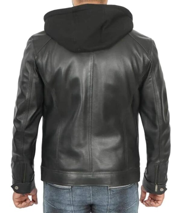 Men’s Stand Collar Leather Zipper Motorcycle Bomber Jacket With a Removable Hood - Image 4