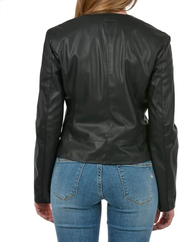 Womens Black round Neck Leather Jacket - Image 3