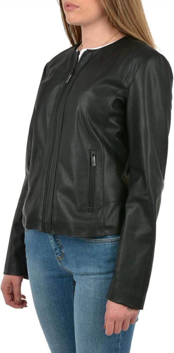 Womens Black round Neck Leather Jacket - Image 2