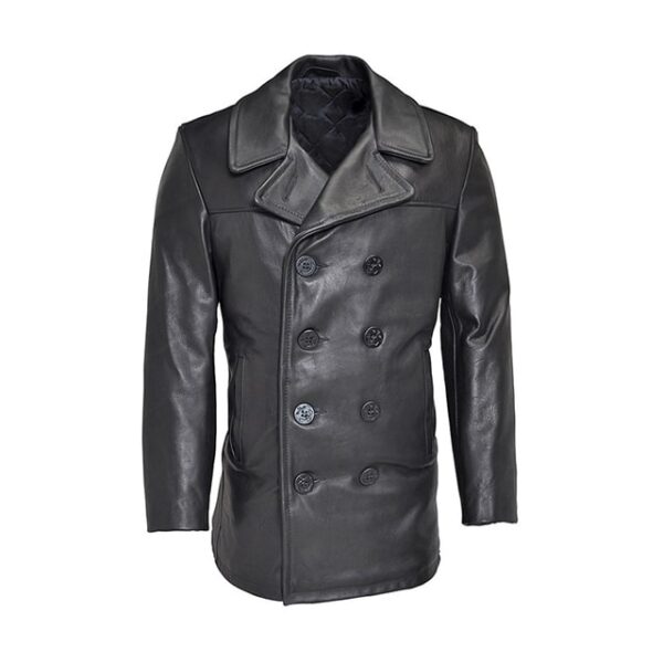 Classic Men's Leather Peacoat - Double-Breasted, Black, Genuine Leather