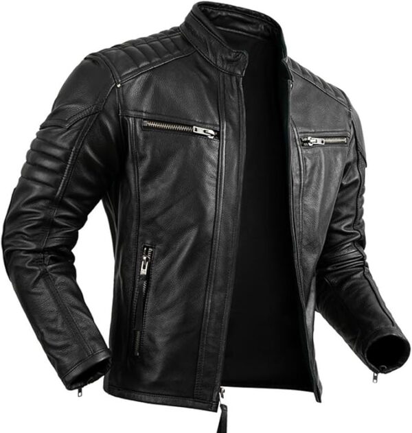 Mens Black Motorcycle Leather Jacket  Cowhide Biker Jacket