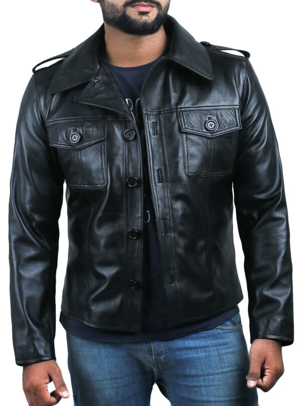 Mens Black Buttoned Leather Jacket Shirt Collar Jacket