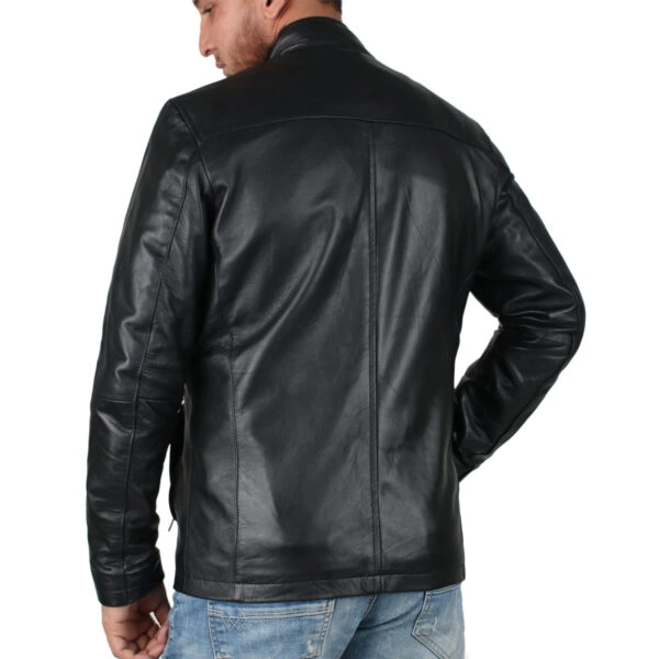 Mens Leather Jacket Black Slim Casual Jacket - Image 2