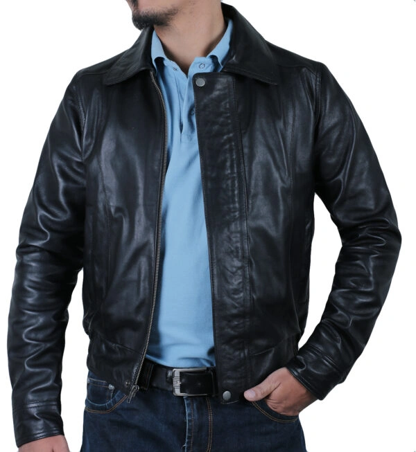 Black Bomber Leather Jacket For men Shirt Collar Jacket