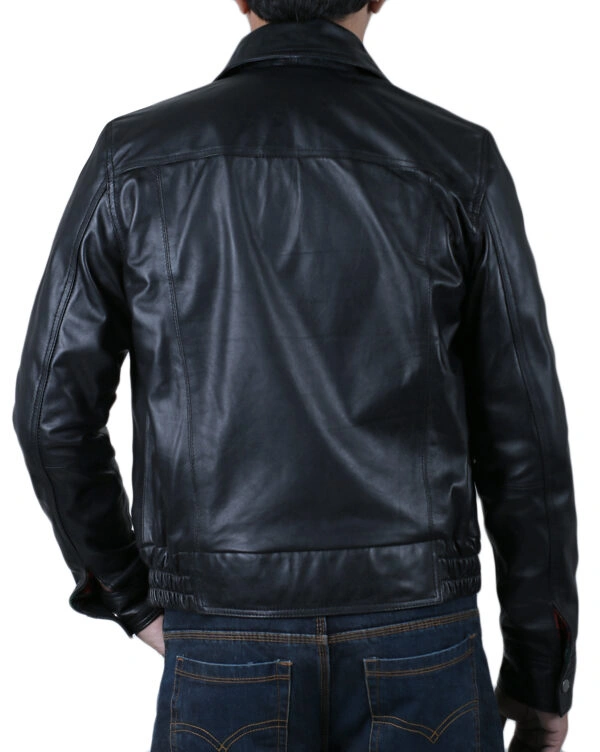 Black Bomber Leather Jacket For men Shirt Collar Jacket - Image 2