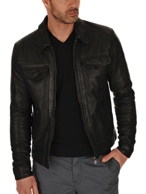 Mens Leather Jacket Men’s Stylish Black Leather Jacket with Zippered Pockets