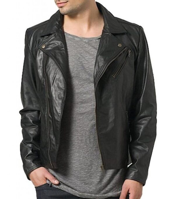 Black Motorcycle Lamb-Skin Leather Jacket For Men