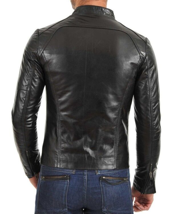 Mens Black Leather Jacket Modern Snap-button Jacket - Image 2