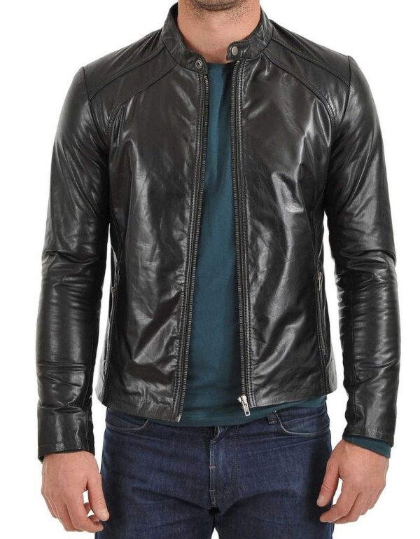 Mens Black Leather Jacket Modern Snap-button Jacket