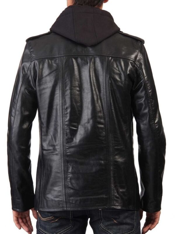 Mens Black Hooded Leather Jacket Button Closure Jacket - Image 2