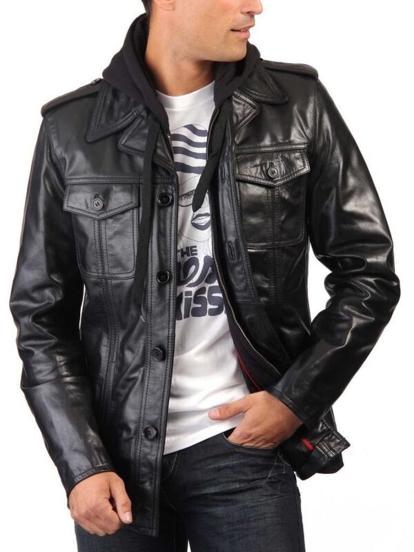 Mens Black Hooded Leather Jacket Button Closure Jacket