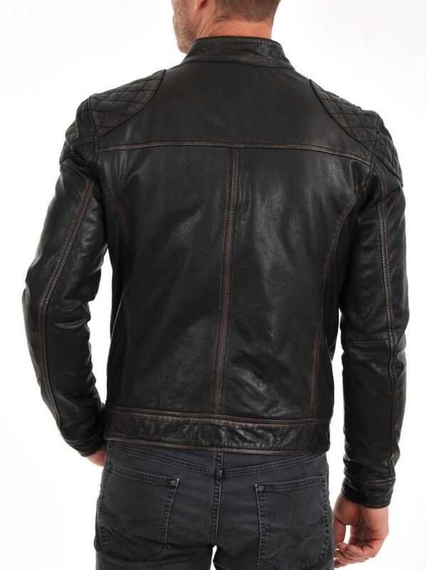 Mens Leather Jacket Black Leather Jacket with Quilted Shoulders - Image 2