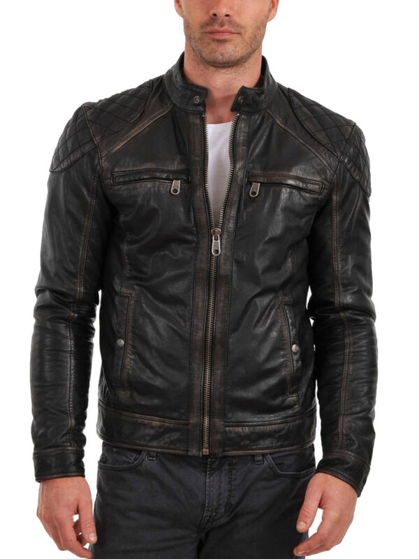 Mens Leather Jacket Black Leather Jacket with Quilted Shoulders